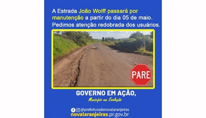 Nova Laranjeiras - Estrada João Wolff estará em manutenção nos próximos dias